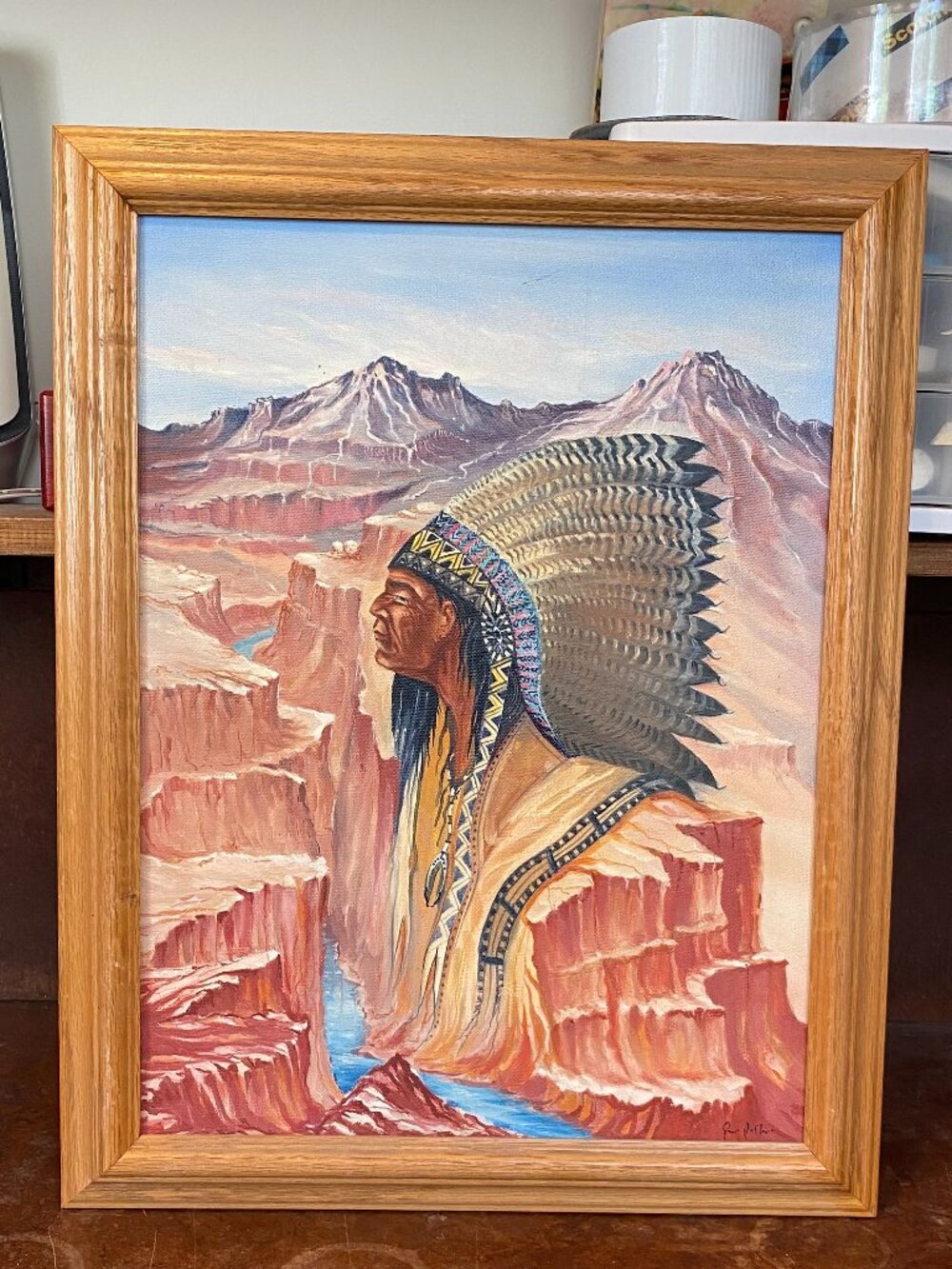 Vintage Folk Art Native American Indian Painting Signed Southwest Grand Canyon